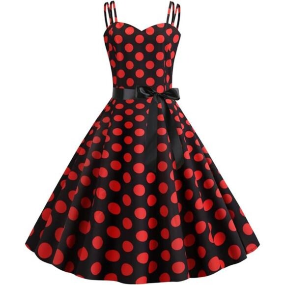 Women Retro Swing Dress Dots Red Black - Picture 1 of 5